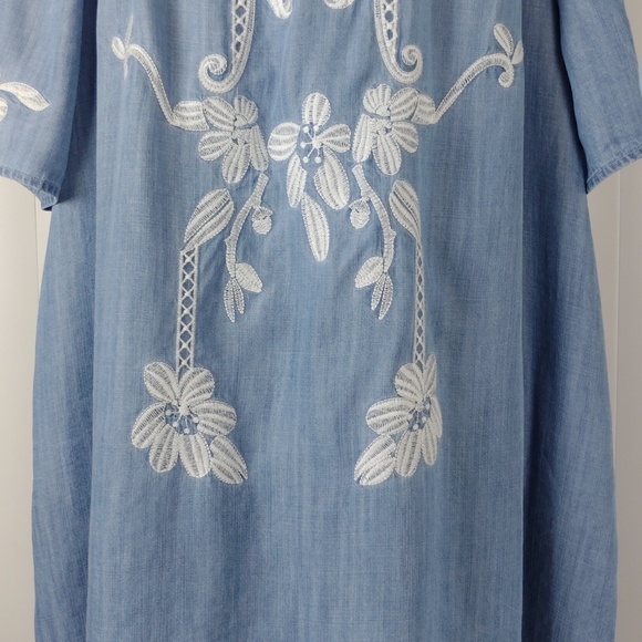 Easel Womens Washed Blue Off-Shoulder Embroidered Tunic Dress. - Picture 7 of 14